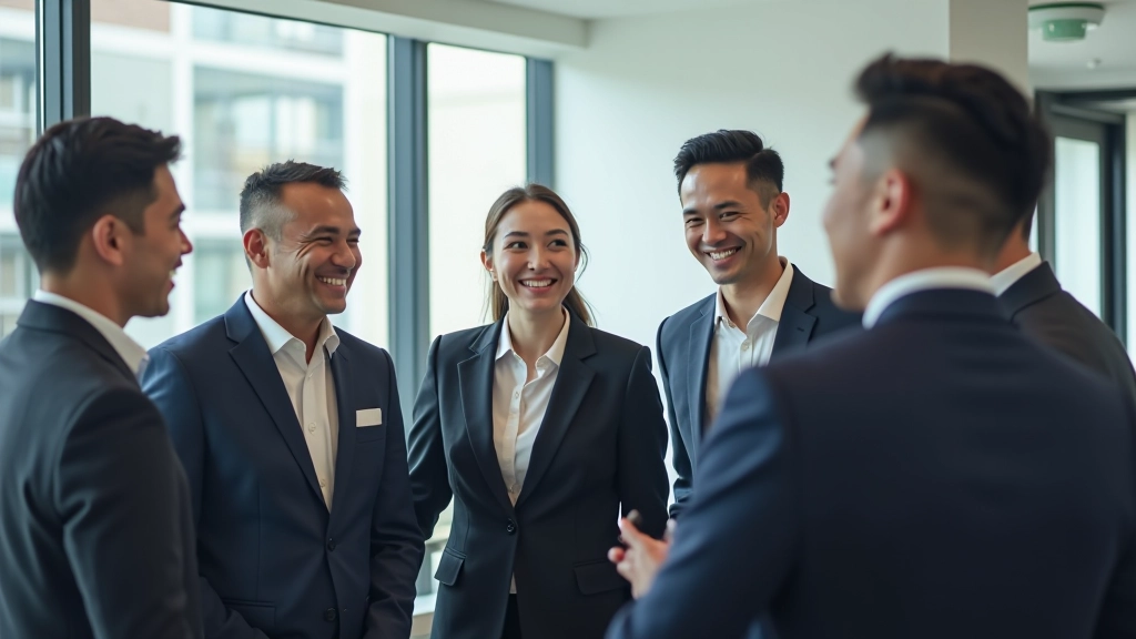 Group of professionals from diverse backgrounds practicing public speaking in a welcoming Toastmasters meeting environment