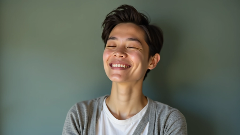 Close-up of person taking deep breath, eyes closed, peaceful expression, natural lighting, shoulders relaxed