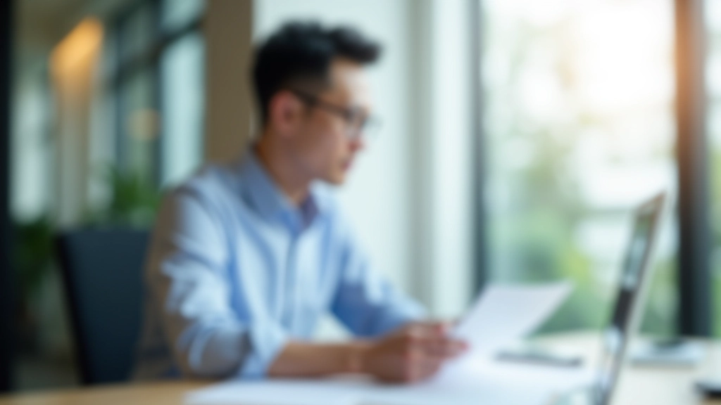 Professional sitting at desk reviewing membership materials and information documents, thoughtful expression considering joining
