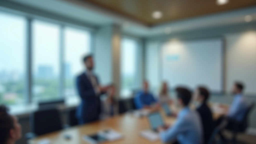 Person rehearsing presentation in empty conference room, practicing gestures, professional setup with screen visible