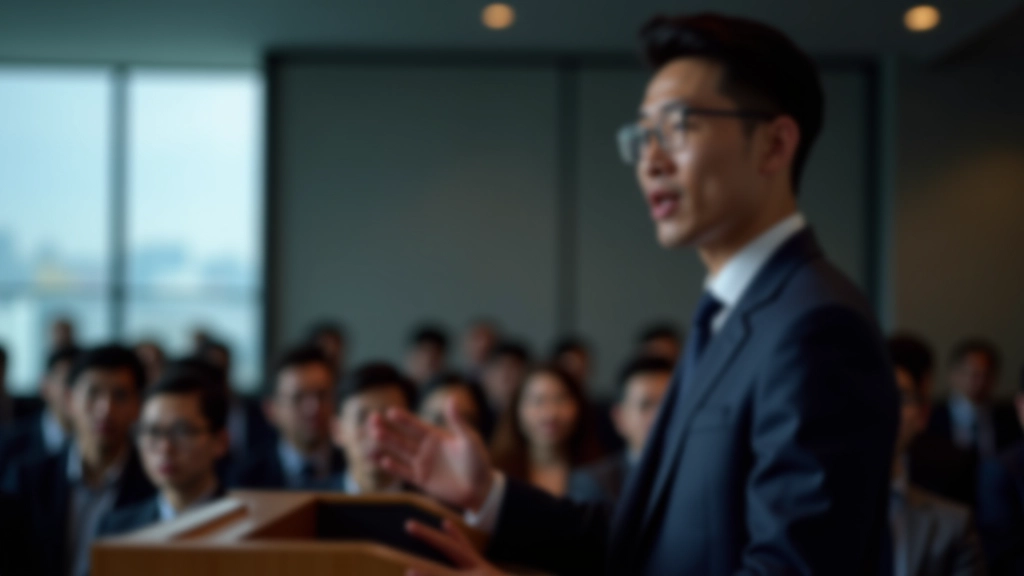 Professional person speaking at podium with audience members in background, confident posture, engaged expression, modern presentation space