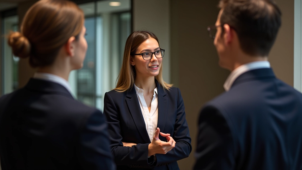 Group of professionals in business casual attire engaged in conversation at networking event, casual standing posture