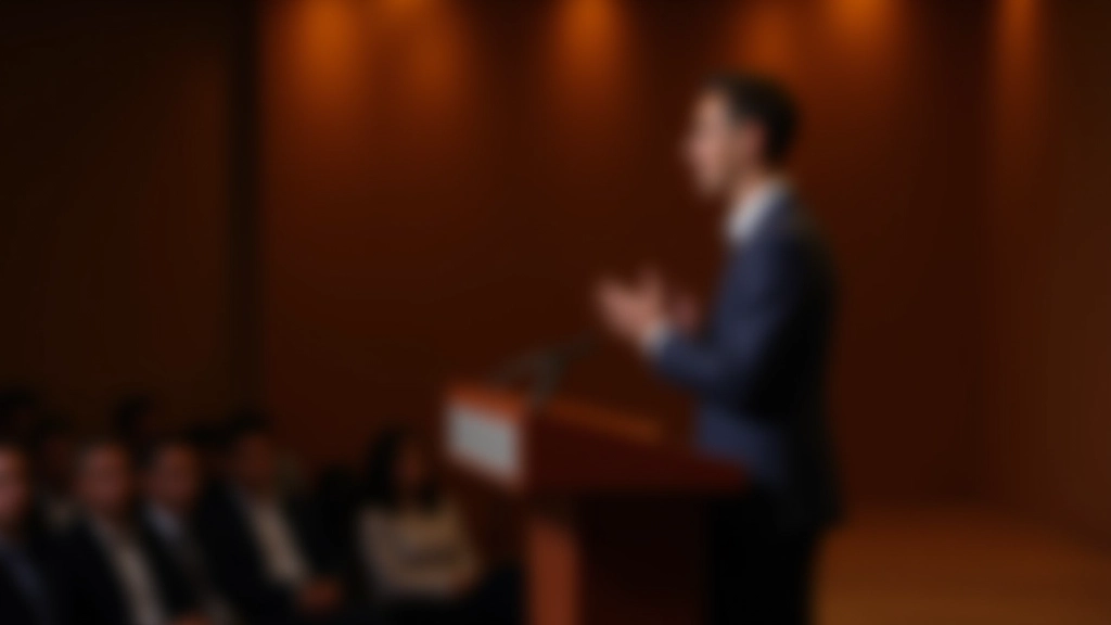 Professional speaker at podium with confident posture, audience in soft focus, warm stage lighting, cinematic composition