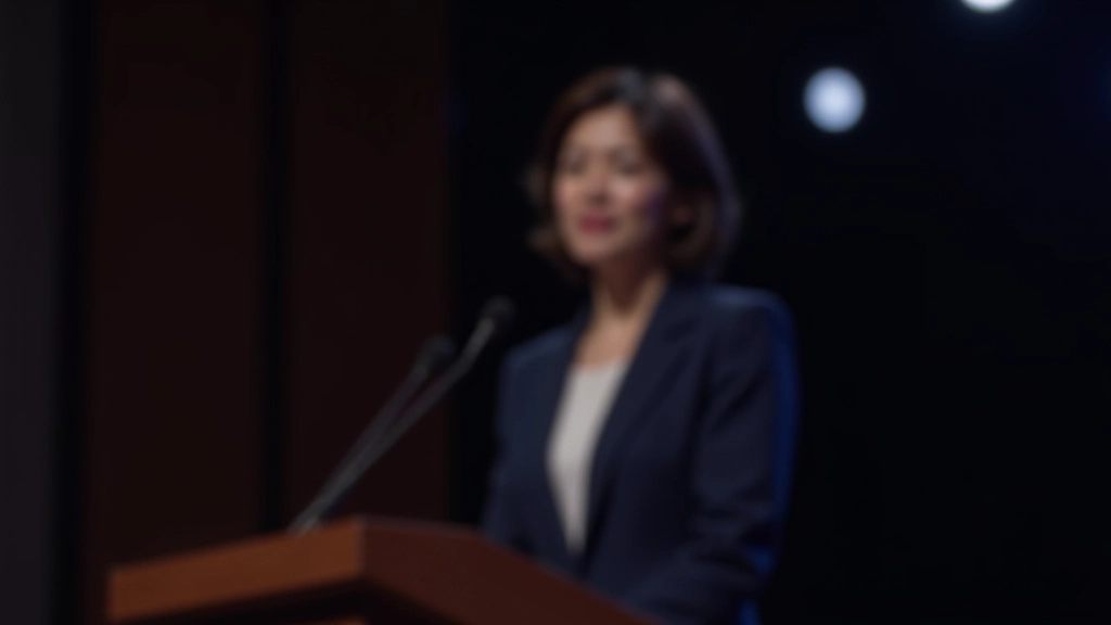 Woman standing confidently at a podium with hands gesturing, professional business attire, bright stage lighting